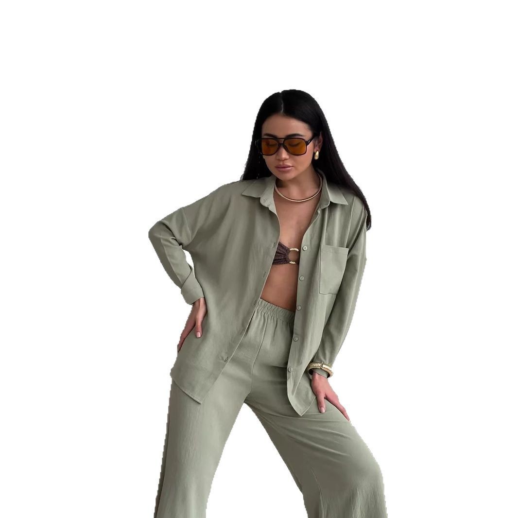 Women's Solid Color Cardigan and Wide-Leg Pants Set with Pockets