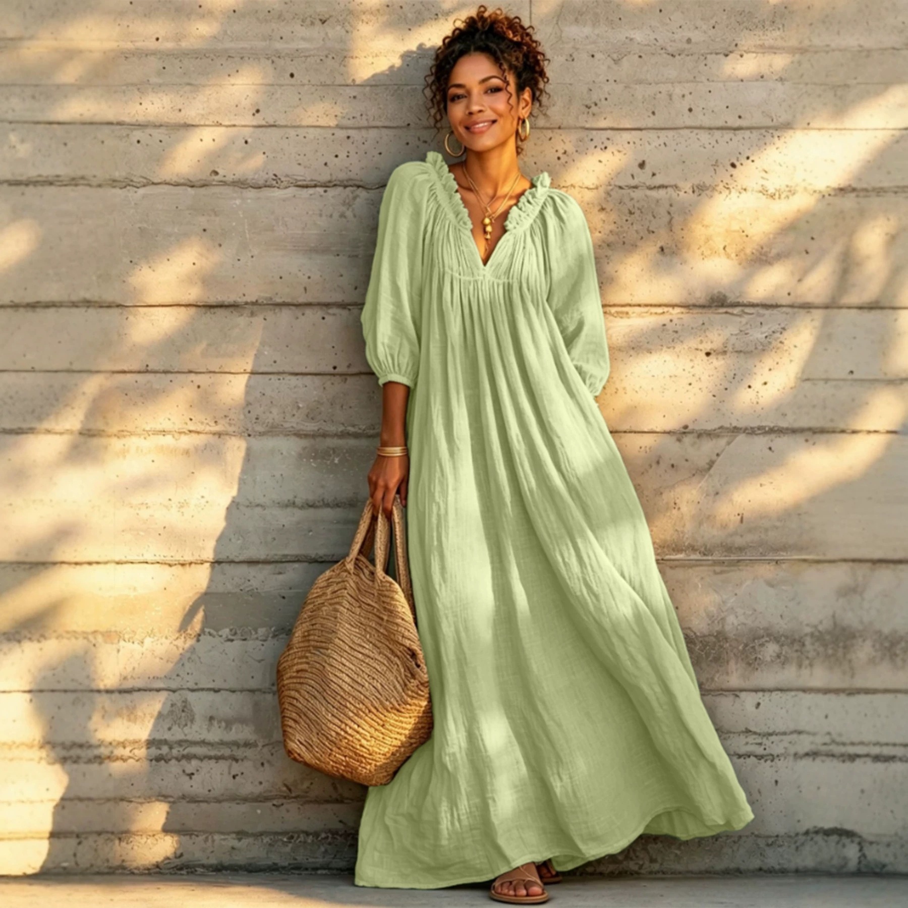 V-Neck Lantern Sleeve Boho Maxi Dress