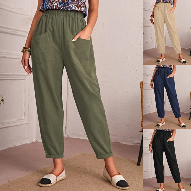 Women's Cotton-Linen Cropped Pants with Elastic Waist and Slant Pockets