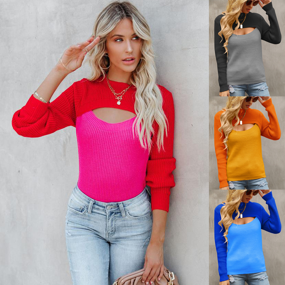 Women's Long Sleeve Cutout Knit Sweater Slimming Pullover Plus Size