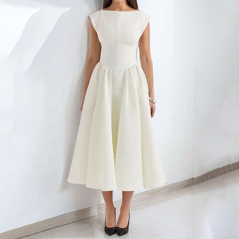 French-Style Open-Back Bodycon Dress Solid Color Sleeveless High Waist