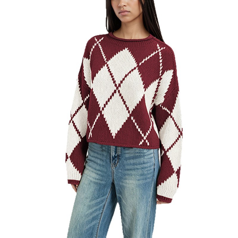Women's Color-Block Diamond Knit Sweater, Loose Crewneck Pullover