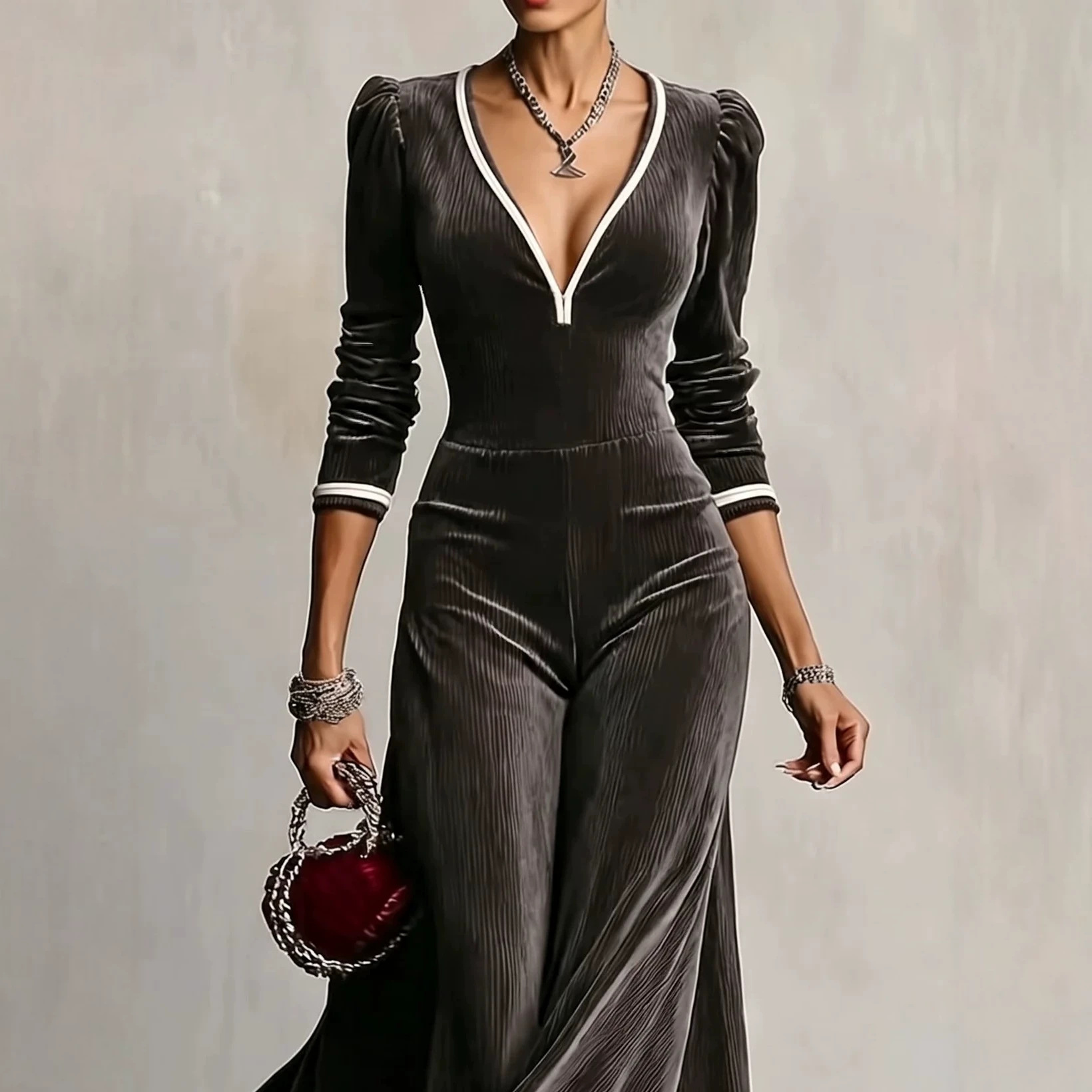 Dark Gray Striped Velvet V-Neck Bubble Sleeve Maxi Dress