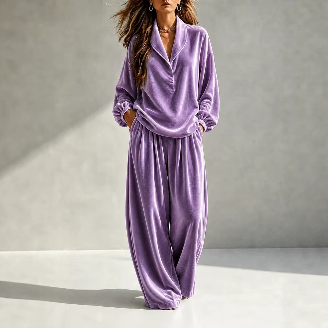 Velvet Long Sleeve Collared Two-Piece Set