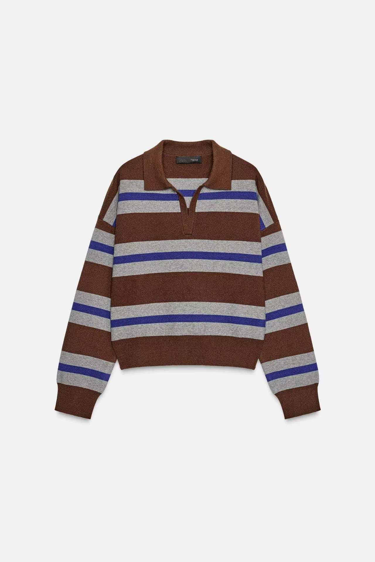 Retro Colorblock Striped Polo Neck Knit Sweater