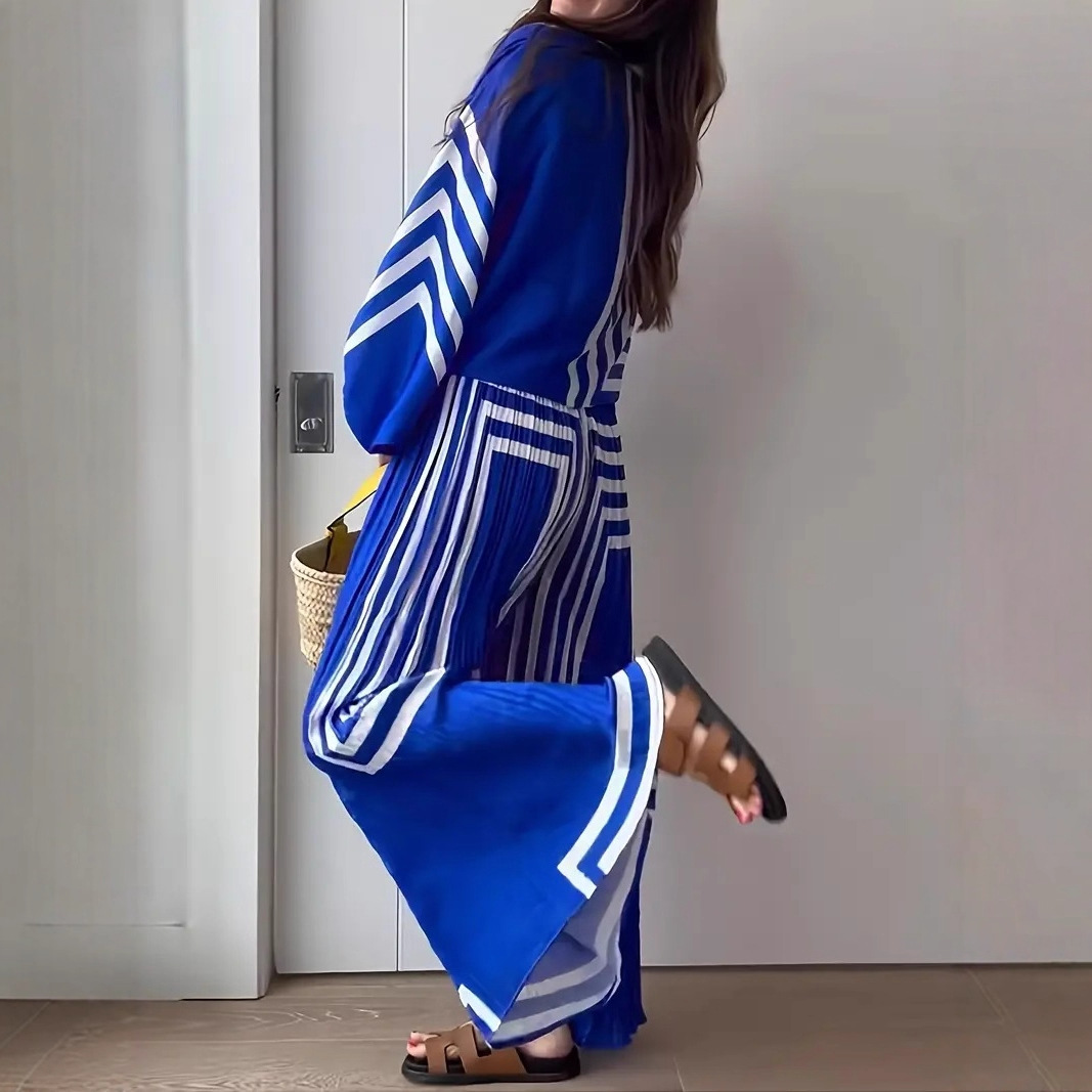 Striped Print Pleated Two-Piece Set Long Sleeve Shirt Wide Leg Pants