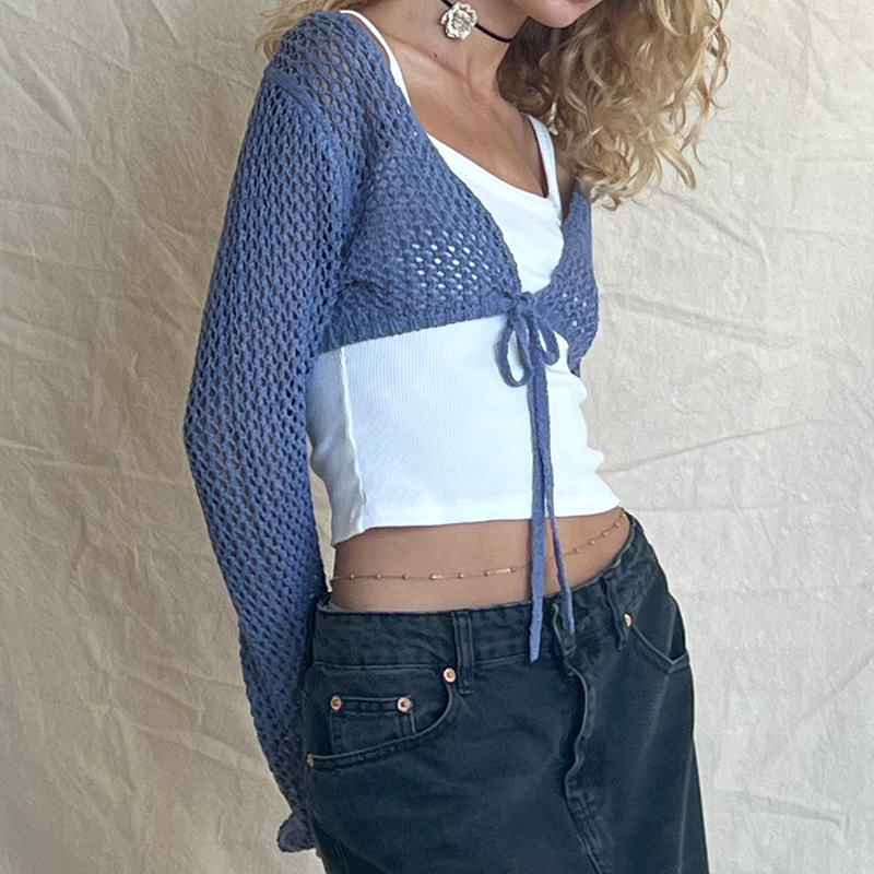 Sexy Open-Knit Cropped Cardigan with Tie Front, Long Sleeve, Solid Color
