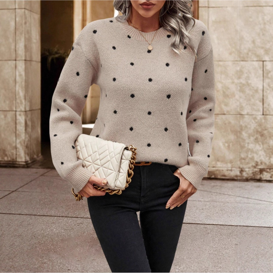 Polka Dot Jacquard Knit Pullover Sweater with Round Neck and Long Sleeves