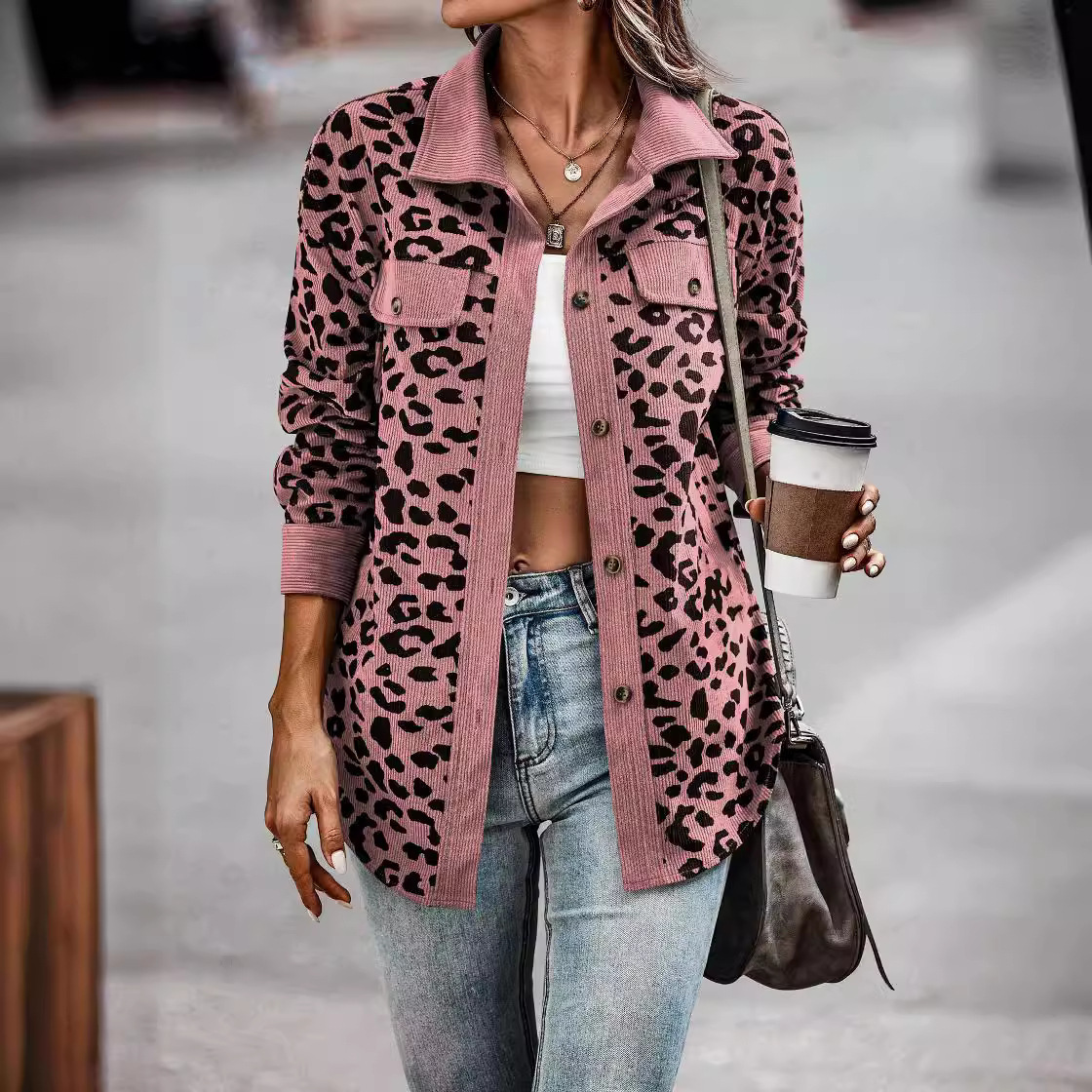 Leopard Print Button-Front Long-Sleeve Jacket Casual Versatile