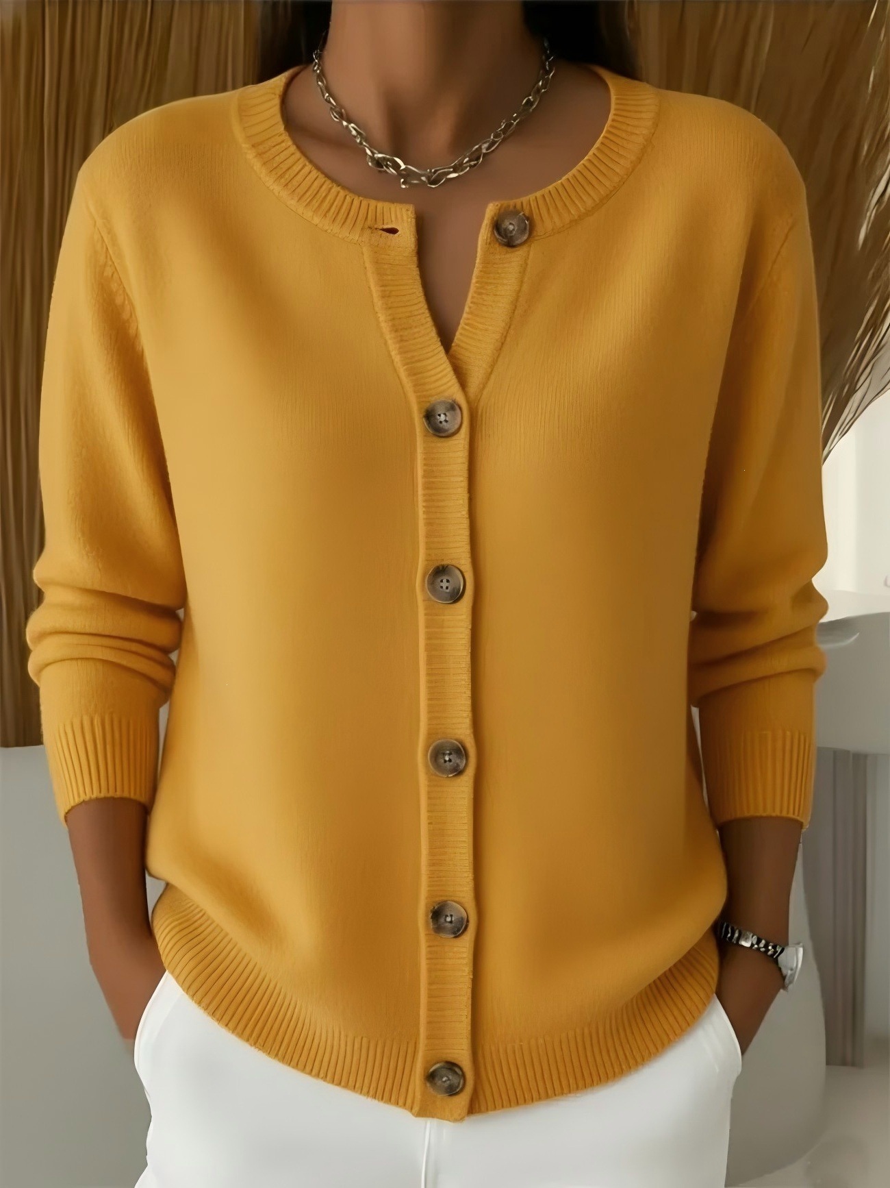 Women's Button-Up Knit Cardigan Crewneck Loose Fit Solid Color