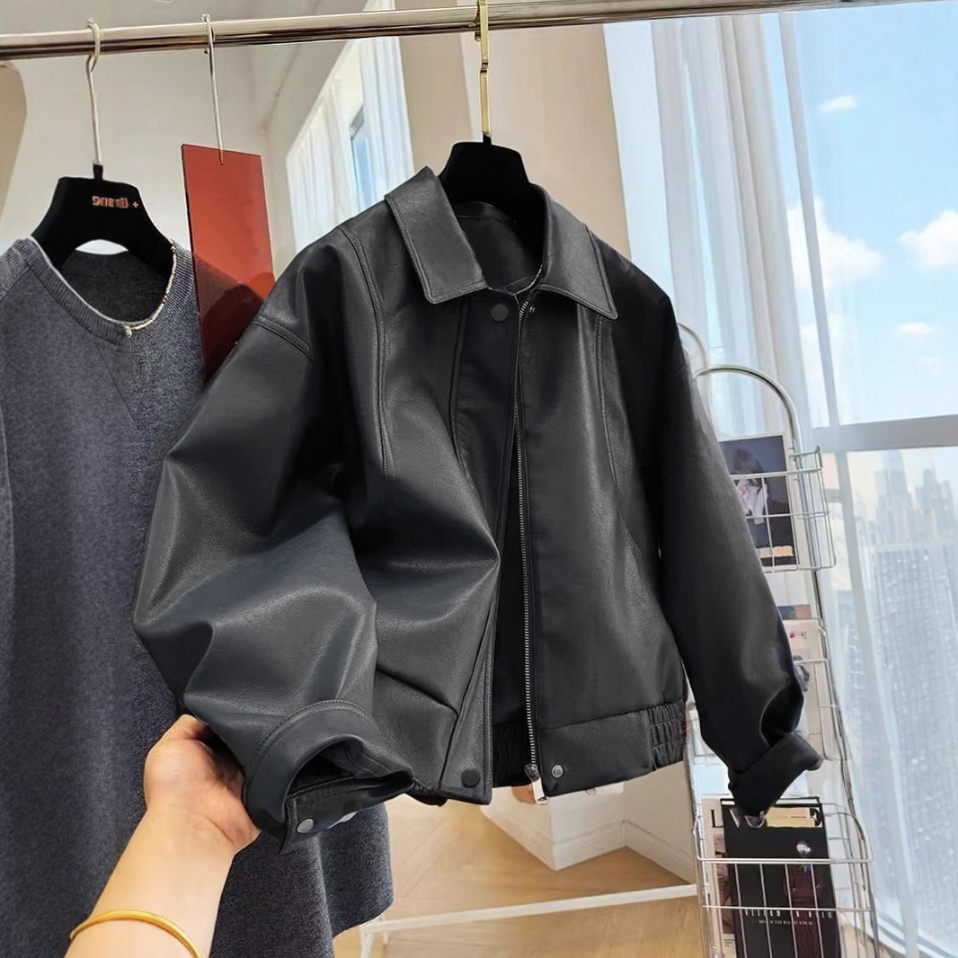 Women's Faux Leather Jacket with Lapel Collar, Relaxed Cropped Fit