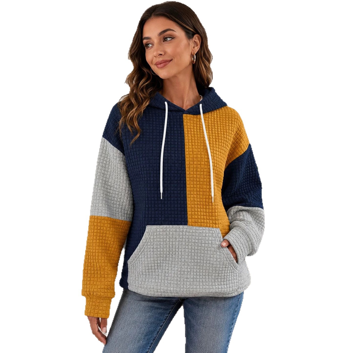 Plus Size Colorblock Waffle Knit Hoodie Women's Pullover