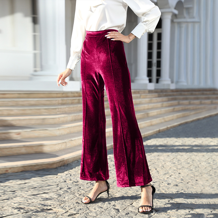 Women's High-Waist Velvet Flare Pants with Patchwork Detail