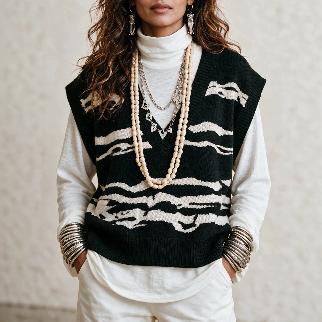 V-Neck Wavy Knit Sweater Vest Sleeveless Pullover