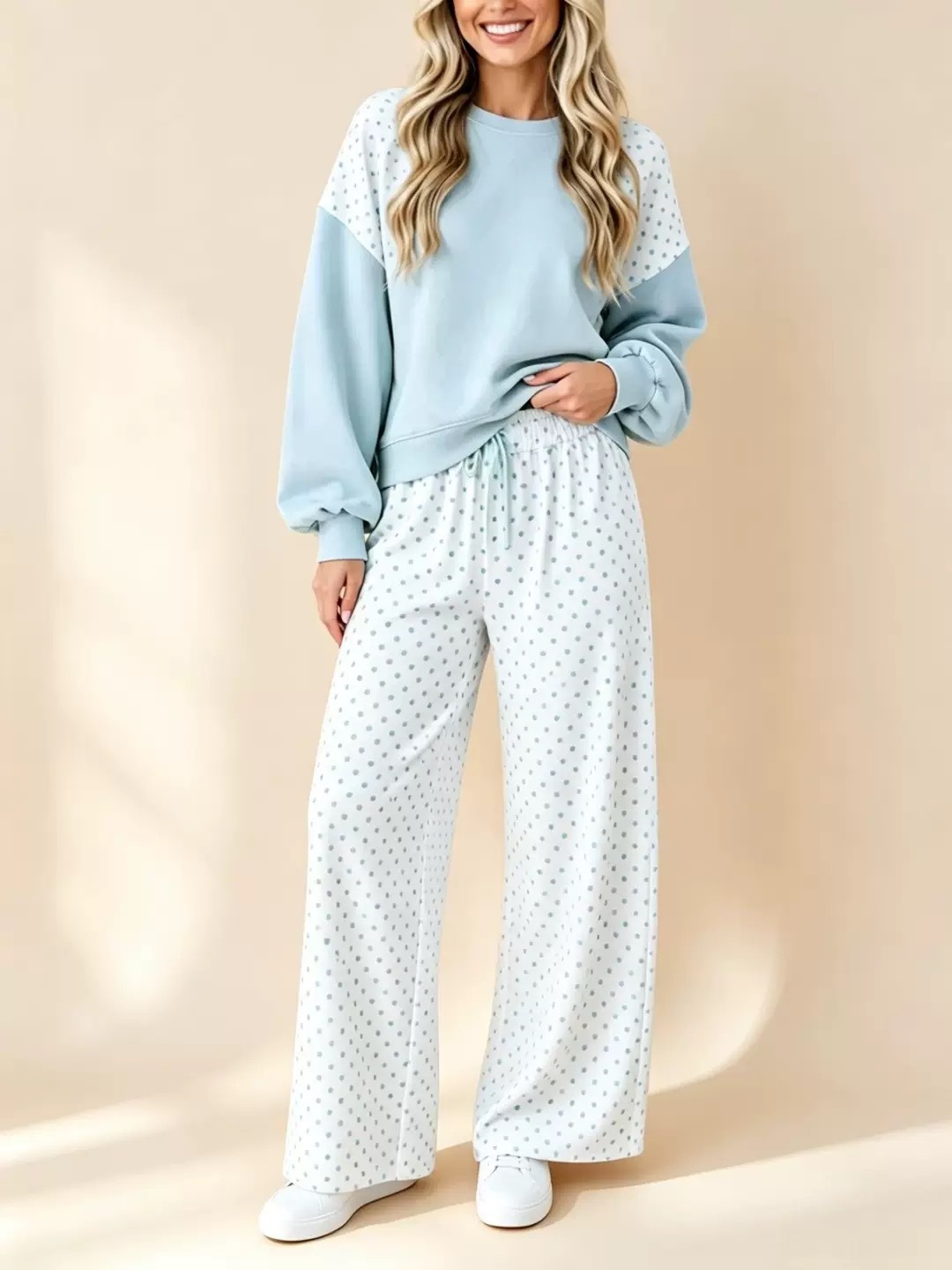 Colorblock Polka Dot Women's Two-Piece Set with Crew Neck Long Sleeve Top and Drawstring Wide-Leg Pants