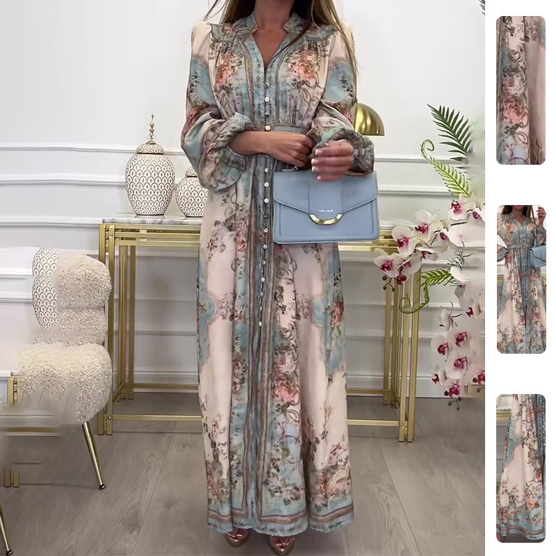 Women's Summer Vintage Print V-Neck Long Sleeve A-Line Maxi Dress