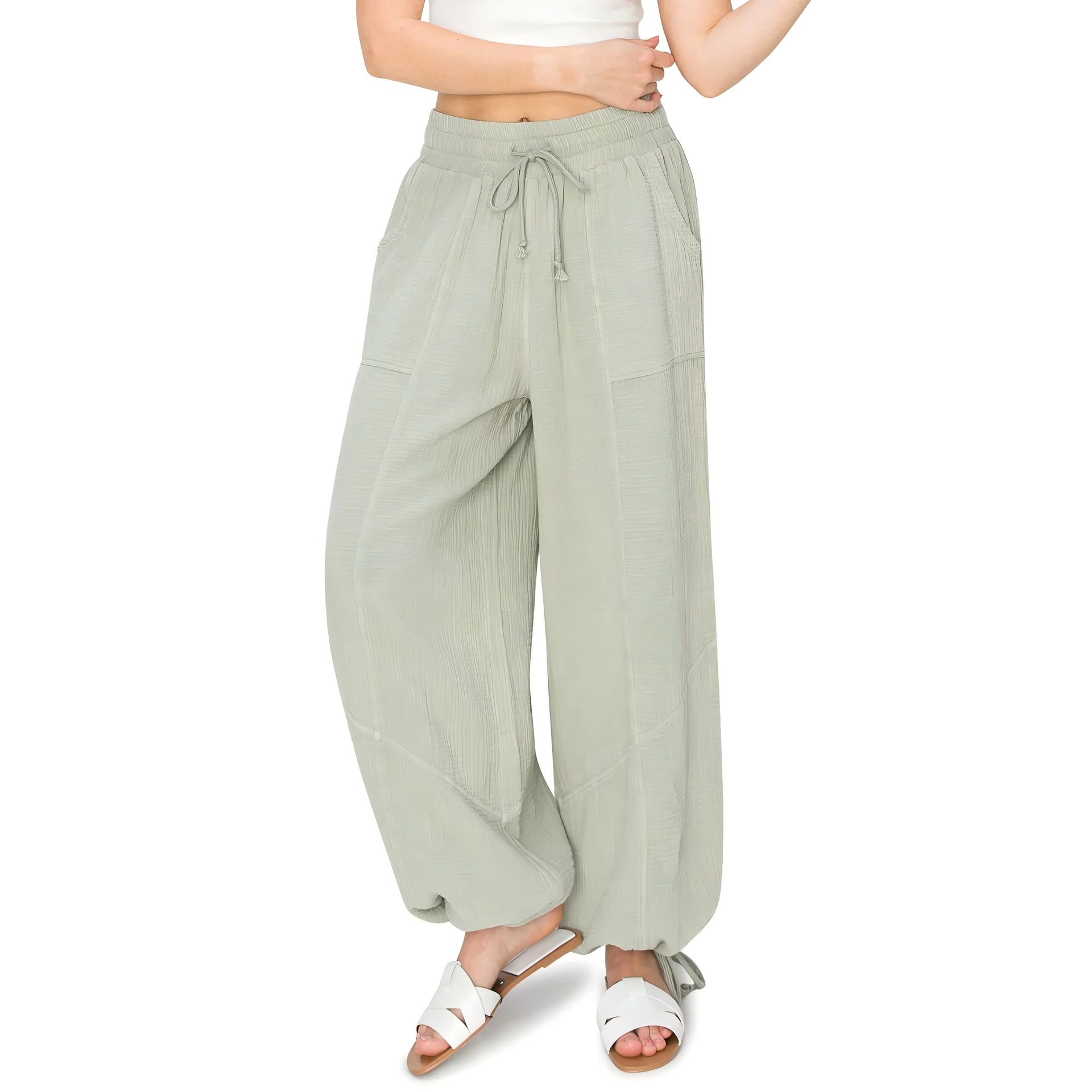 Women's High-Waist Drawstring Solid Color Tapered Pants