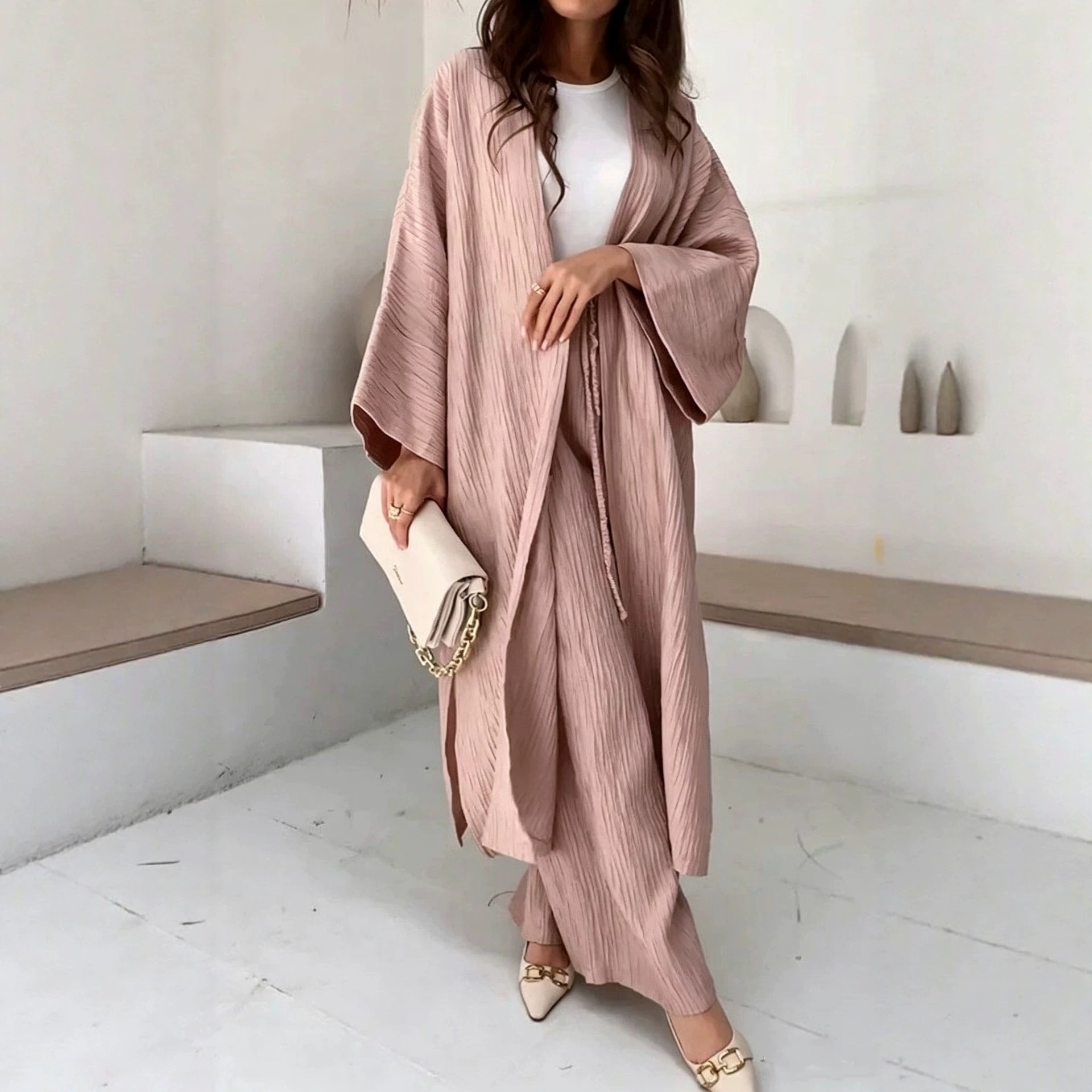 Minimalist Crinkle Textured Two-Piece Set with Long Kimono Sleeve Cardigan and High-Waist Wide-Leg Pants
