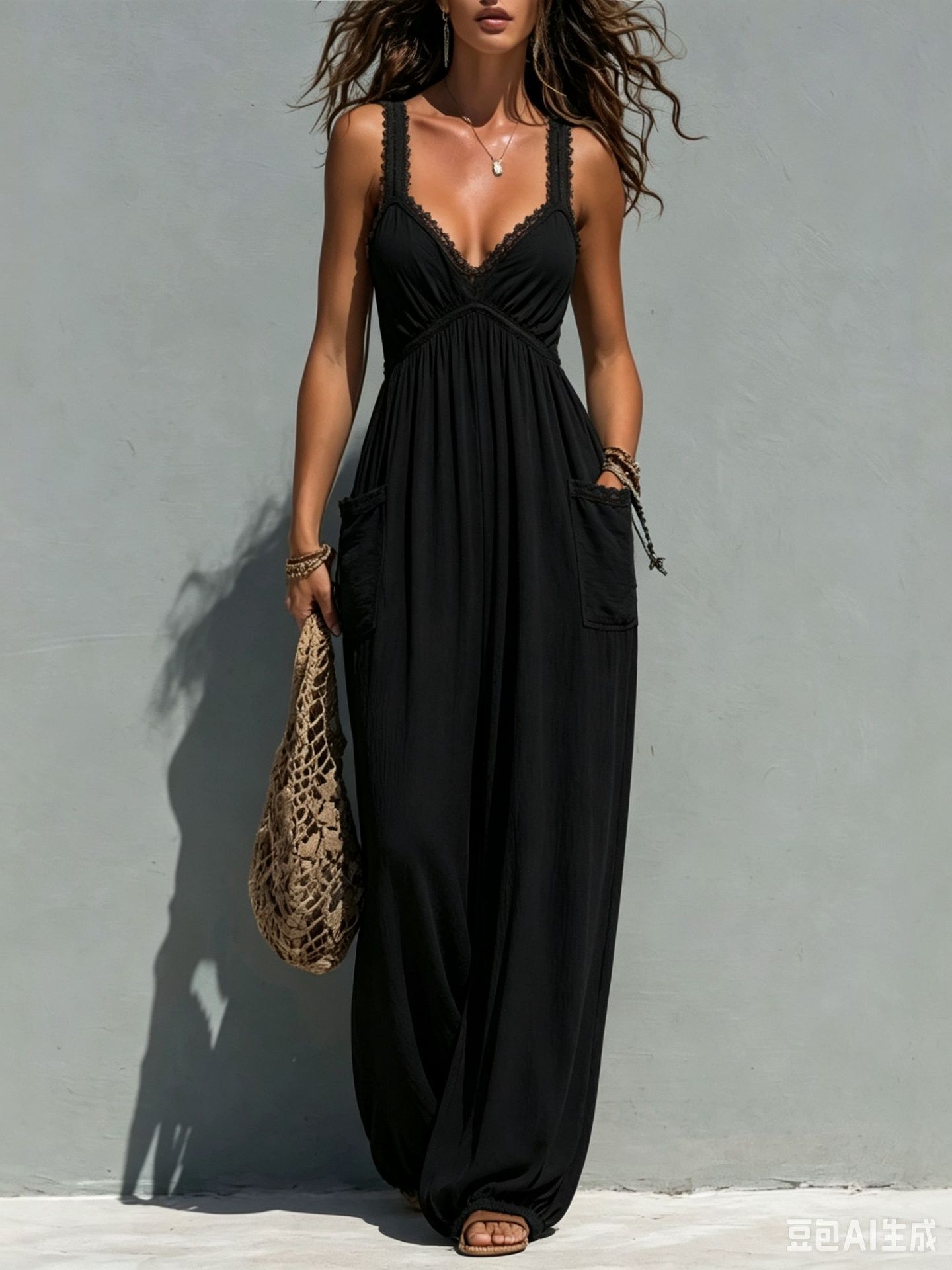 Solid Color Sleeveless Wide-Leg Jumpsuit with Lace Detail
