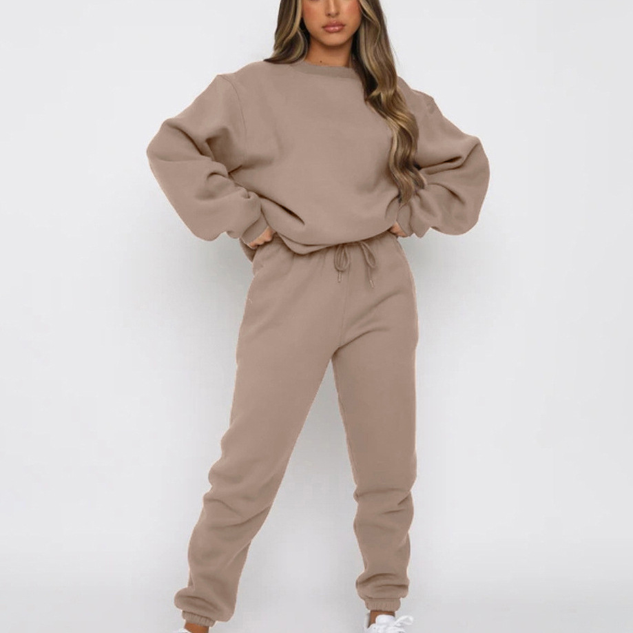 Women's Solid Color Crewneck Long Sleeve Sweatshirt and Pants Set