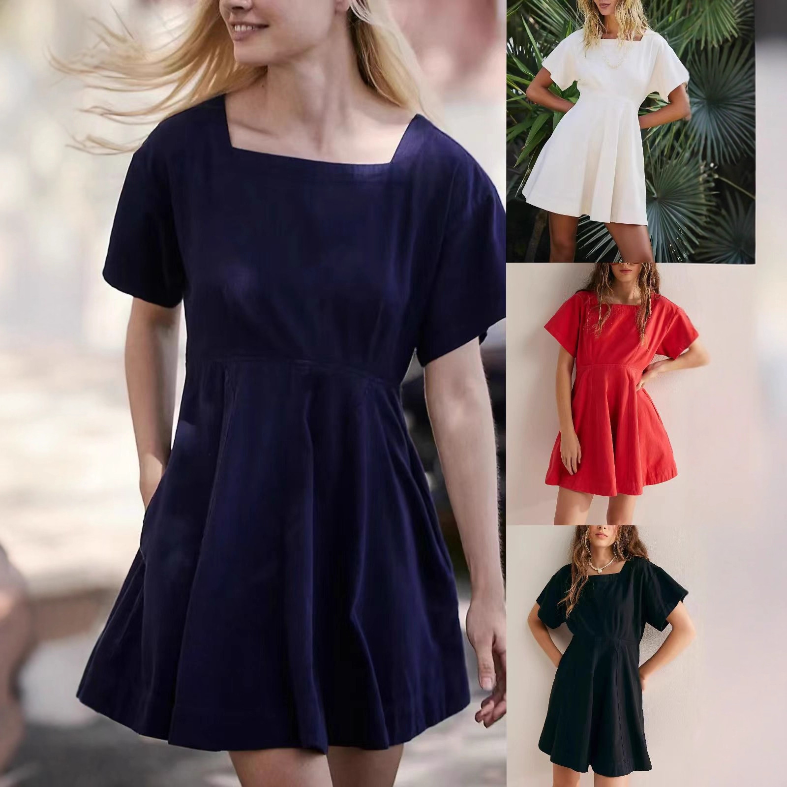Square Neck Short Sleeve Button A-Line Mini Dress