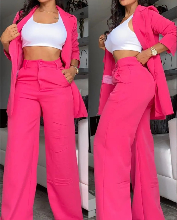 Women's Elegant Solid Color Split-Sleeve Lapel Blazer and Straight Pants Set