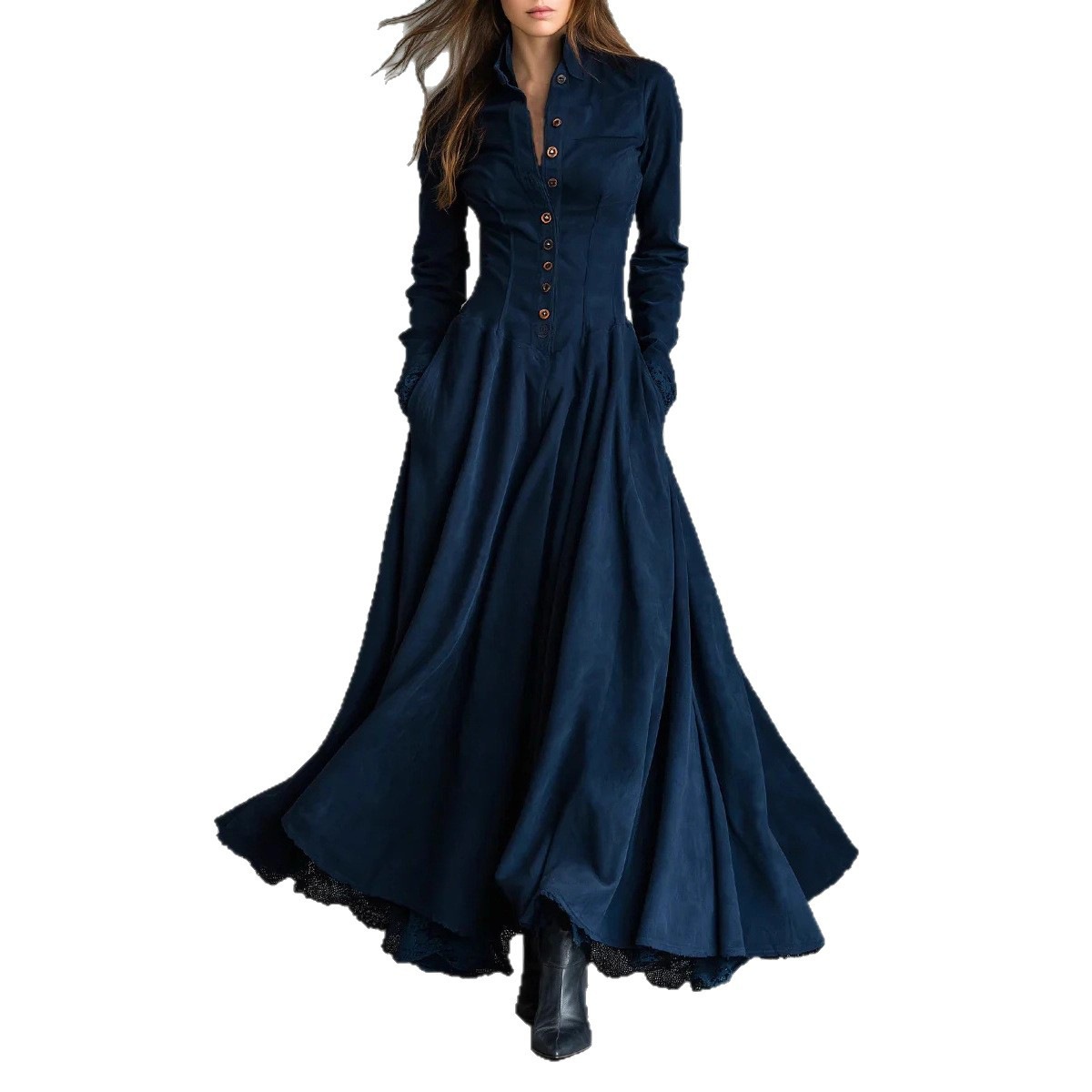 Faux Suede Lace-Trim Button-Front Long Shirt Dress