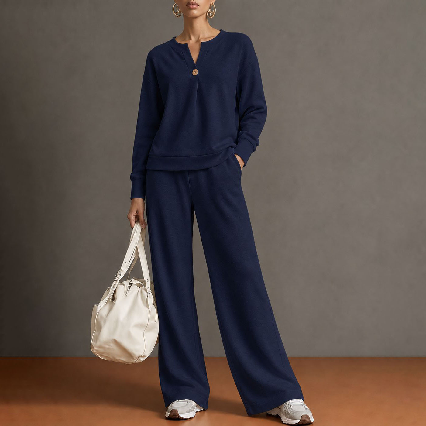 Women's Casual Solid Color Stand Collar Cardigan Sweatshirt and Wide-Leg Pants Set
