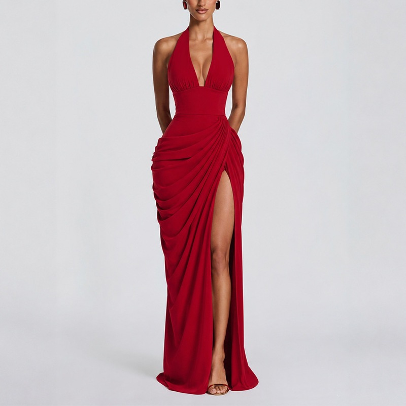 Sexy Halter Neck Slit Solid Color Evening Dress