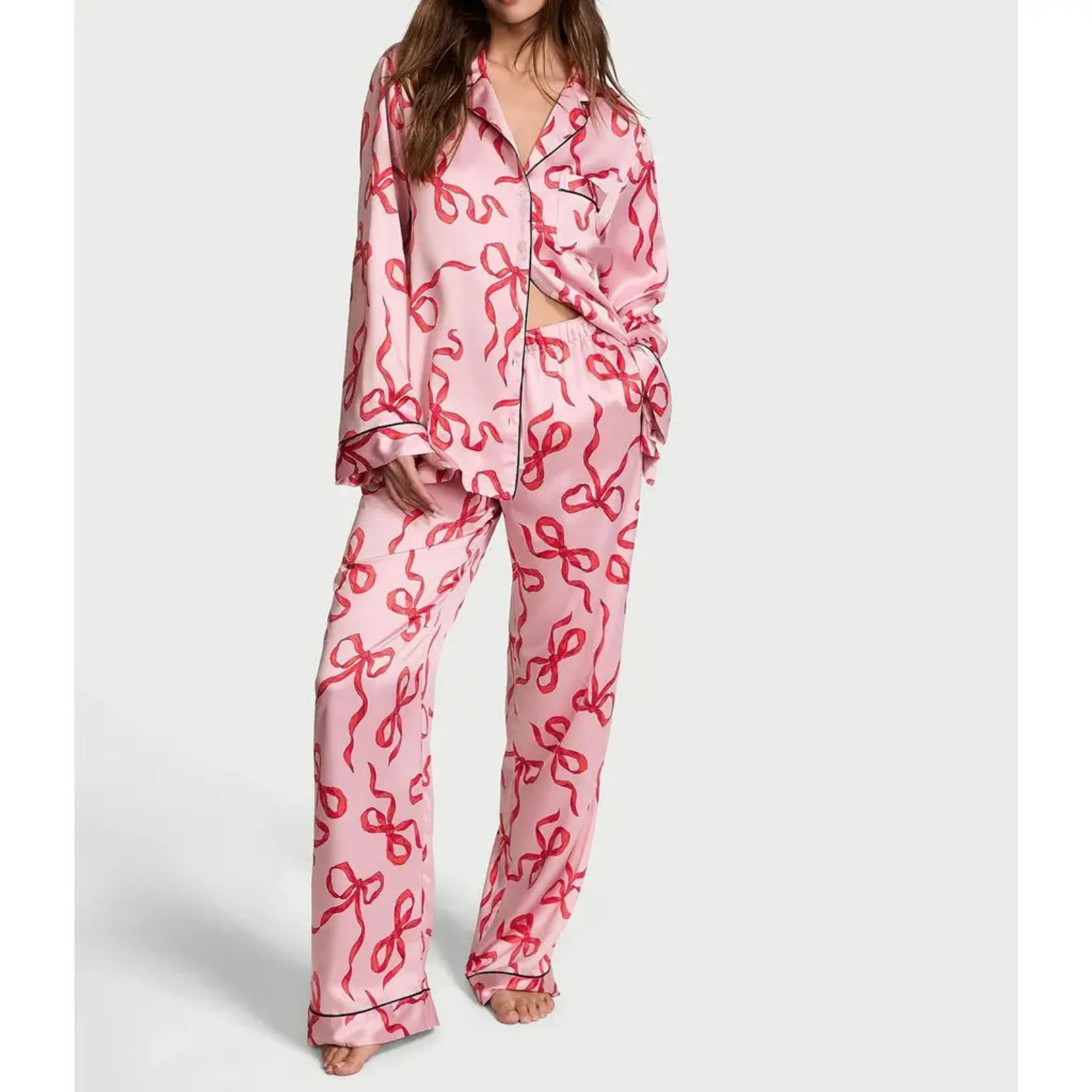 Women's Cuban Collar Bow Long Sleeve Top Set Casual Loungewear