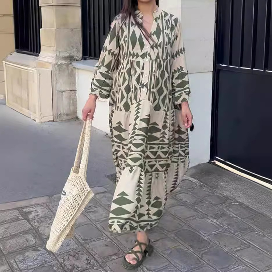 Plus Size Boho Geometric Print V-Neck A-Line Long Dress