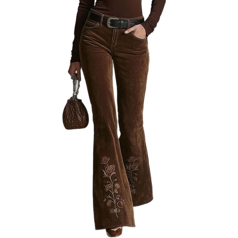 Retro Embroidered Floral Corduroy Flare Pants Slimming Casual Women's