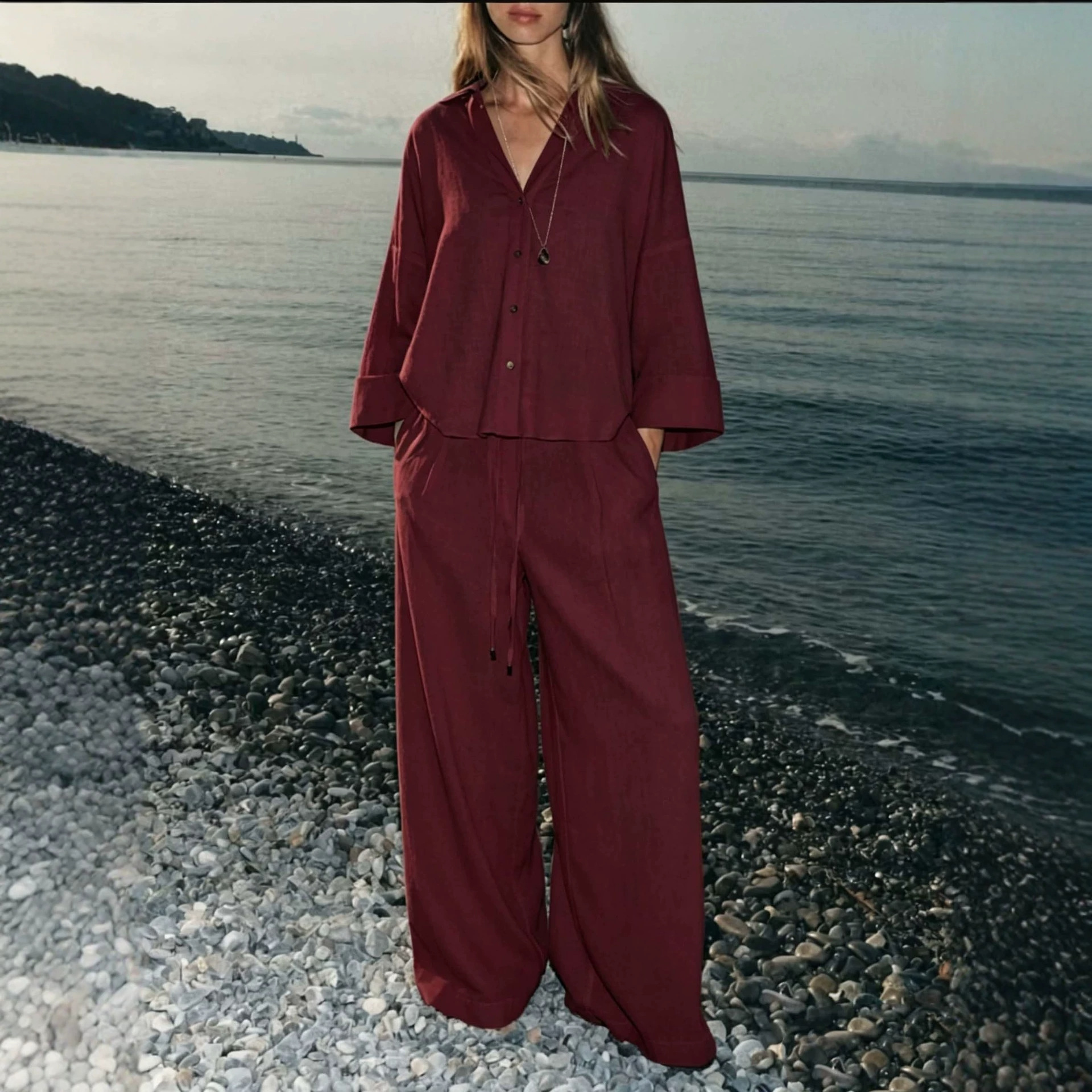 Women's Solid Color Shirt and Pants Set Casual Cotton Blend