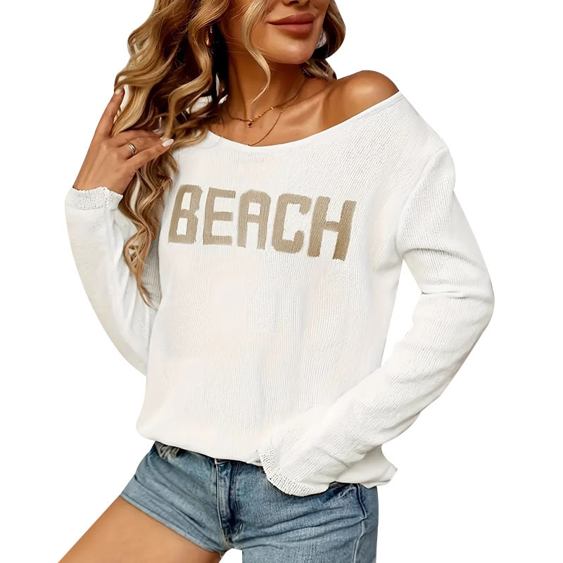 Plus Size Loose Crewneck Letter Print Hollow Out Soft Knit Sweater Top for Women