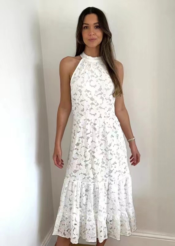 Halter Neck Sleeveless Lace Floral Bodycon Midi Dress