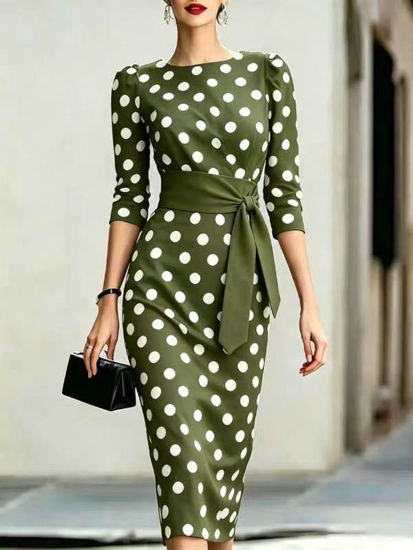 Color-Block Polka Dot Belted Slim Fit Long Sleeve Dress