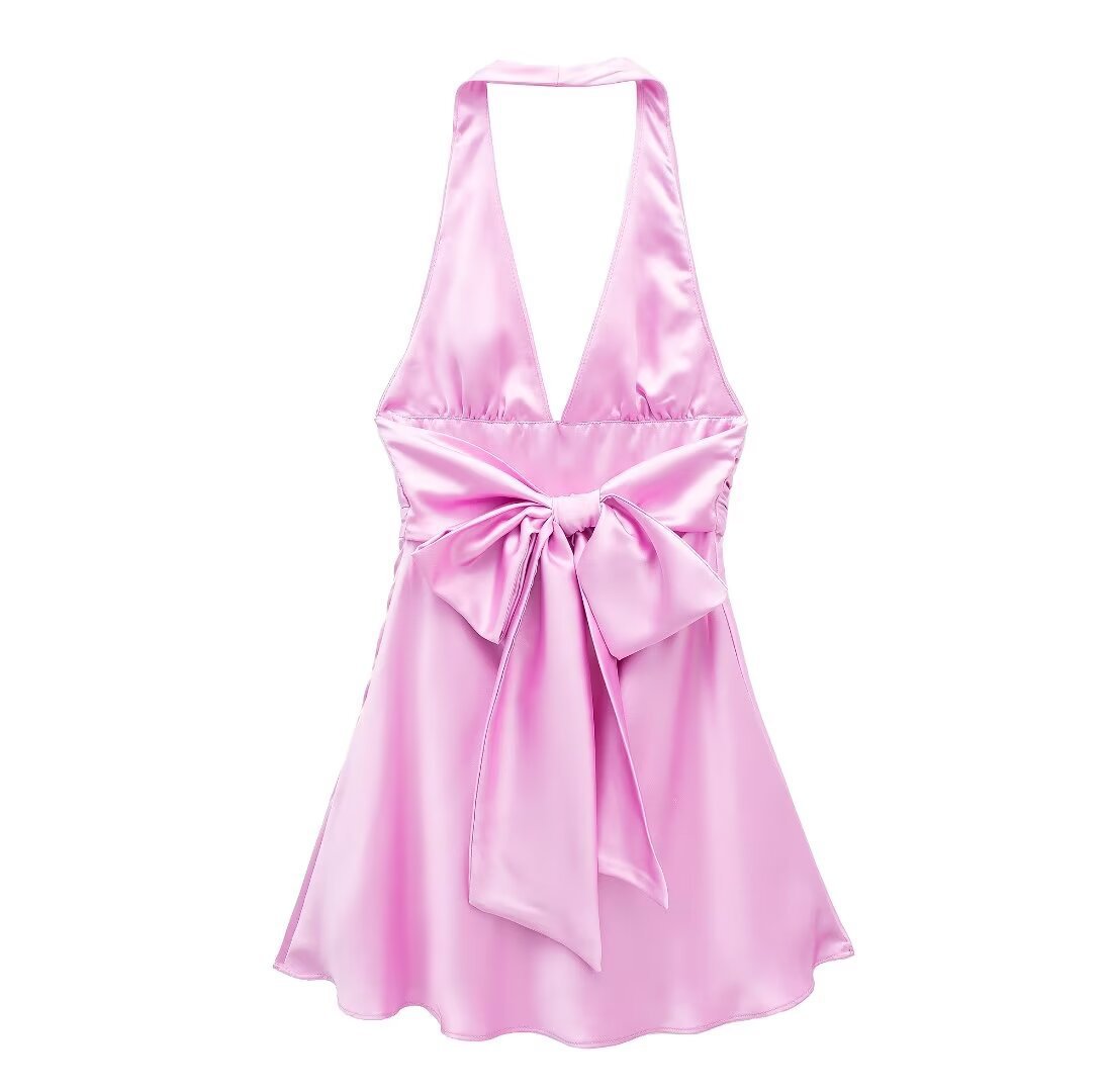Women's Satin Halter Neck Open Back Dress