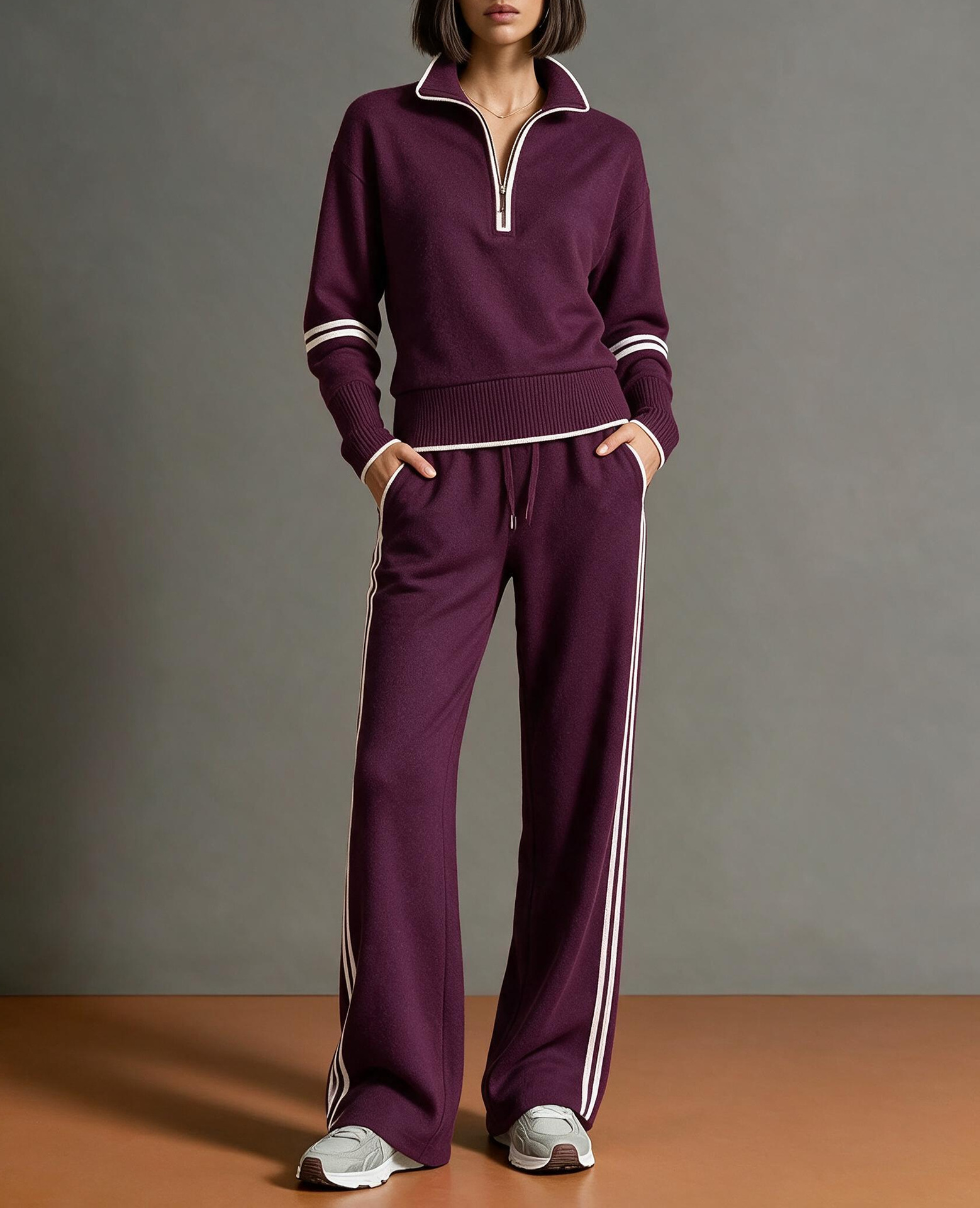 Colorblock Stand Collar Hoodie & Wide-Leg Pants Two-Piece Set