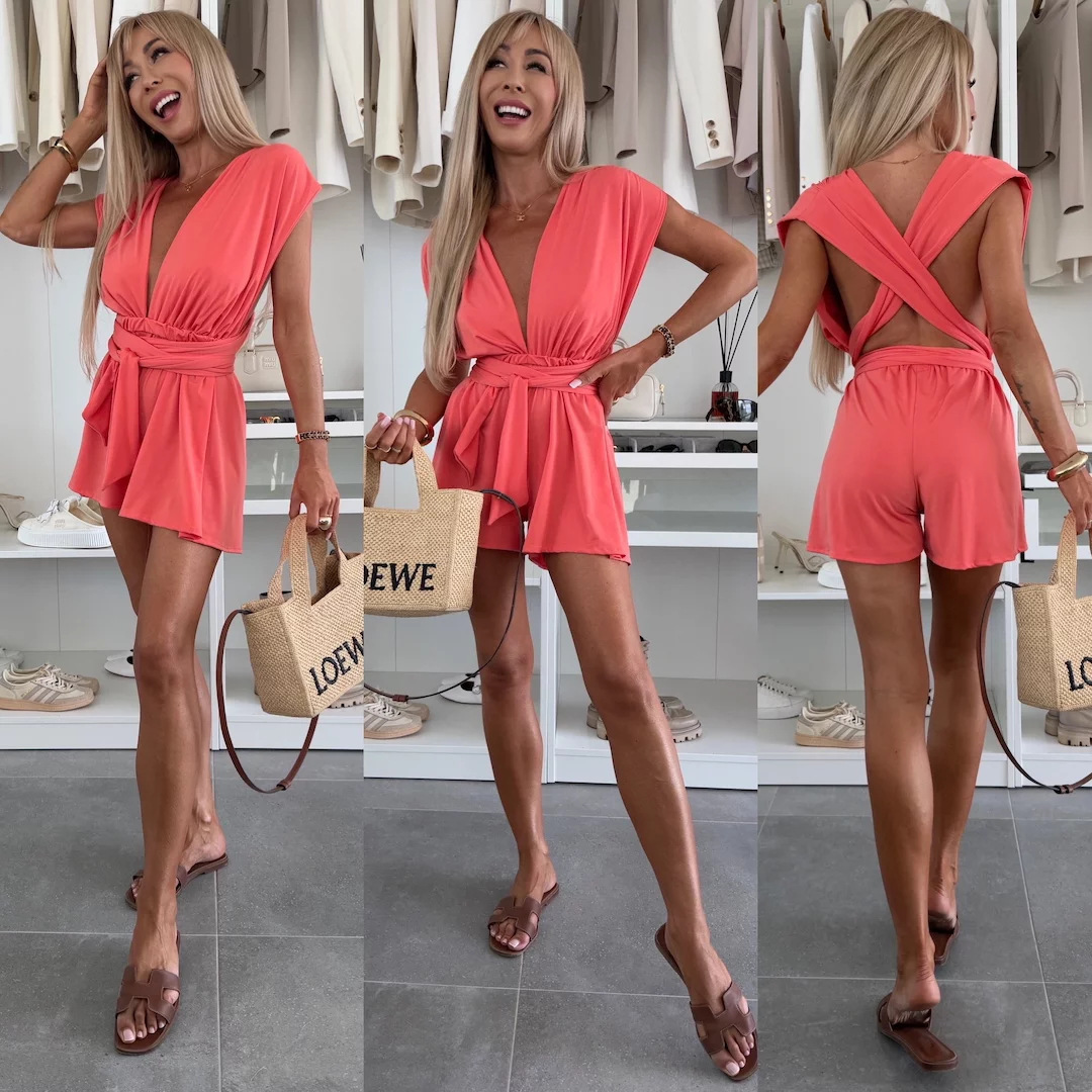 Women's Sleeveless Tie-Back Open-Back Romper Casual Short Jumpsuit