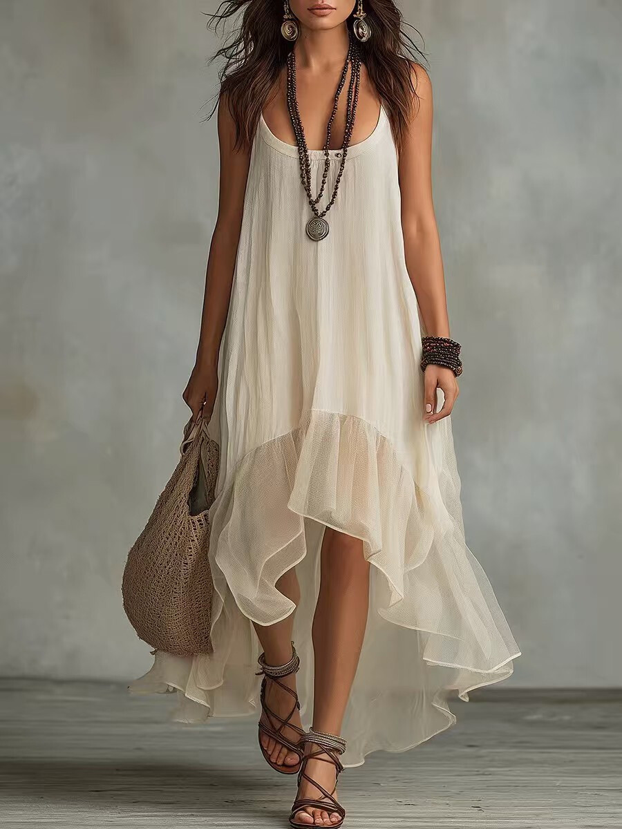 Boho Sleeveless U-Neck Midi Dress Solid Color Relaxed Fit