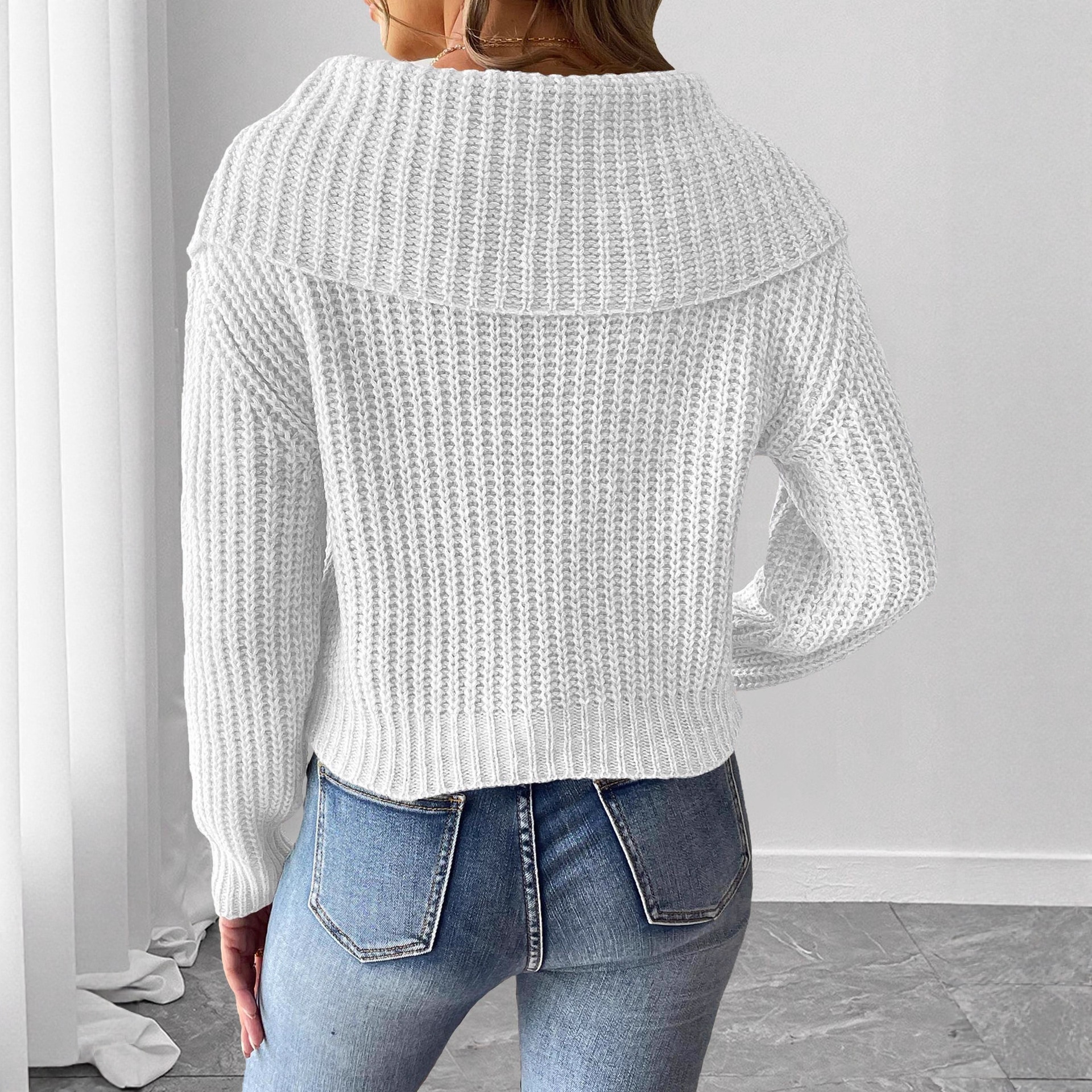 Women's Cropped Knit Sweater with Bow Detail and Oversized Collar