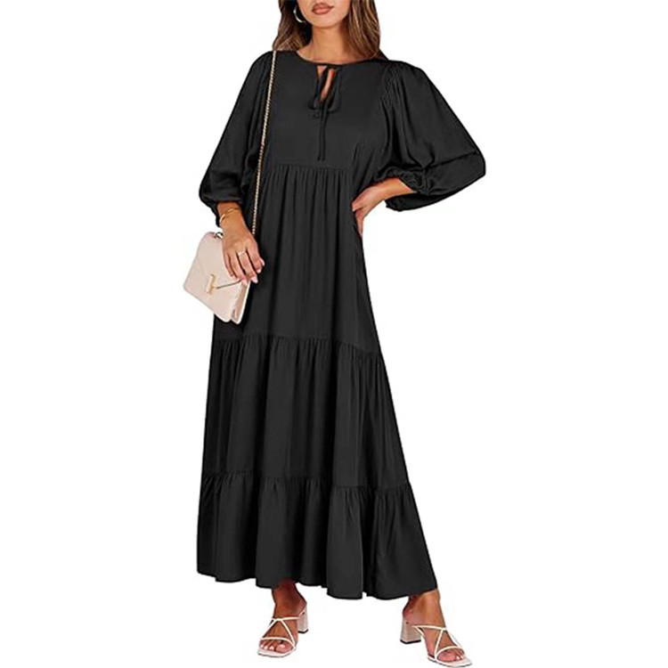 Geometric Print Puff Sleeve Maxi Dress with High Waist and Tie Detail