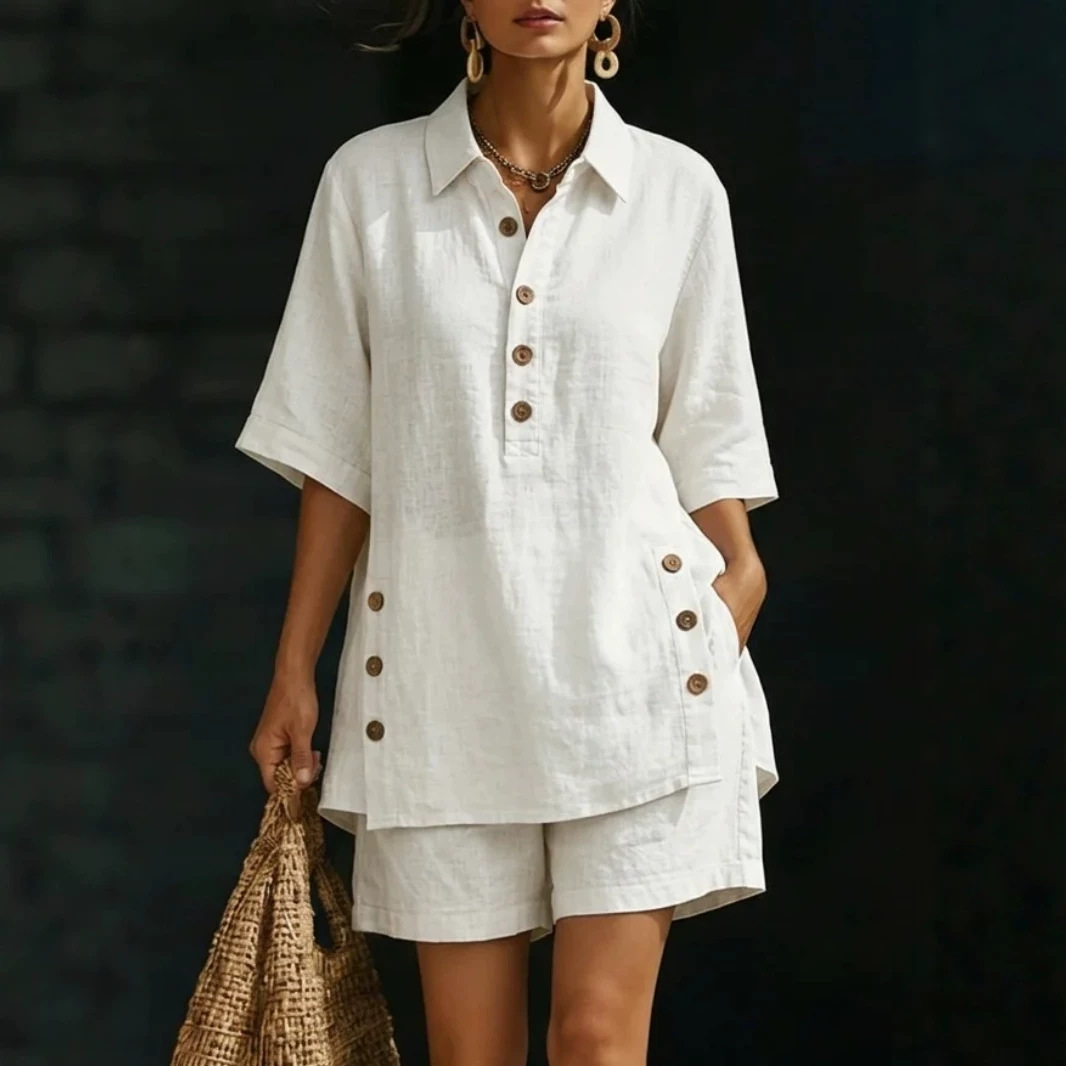 Women's Summer Solid Color Button-Down Shirt and Shorts Set Casual Loose Two-Piece