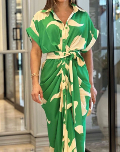 Women's Collared Midi Shirt Dress Short Sleeve Button Front High Waist