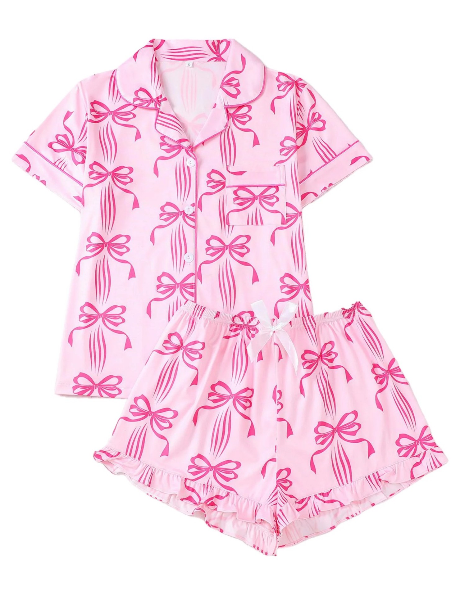 Women's Cuban Collar Short Sleeve Shirt Set with Ribbon Bow