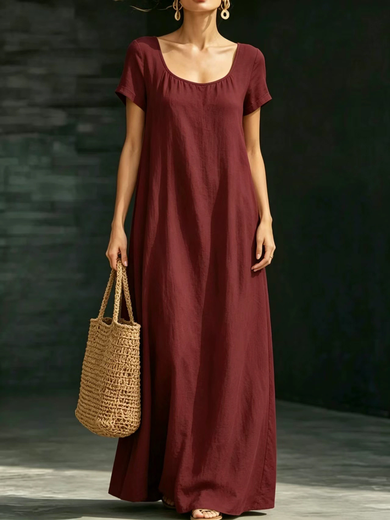 Summer U-Neck Short Sleeve Loose Fit Maxi Dress Solid Casual