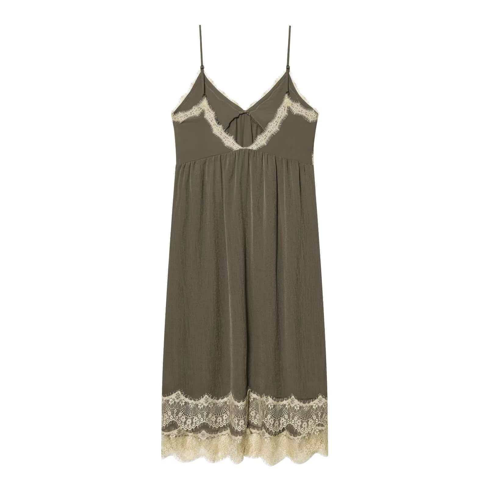 Women's Olive Green V-Neck Sleeveless Slip Dress