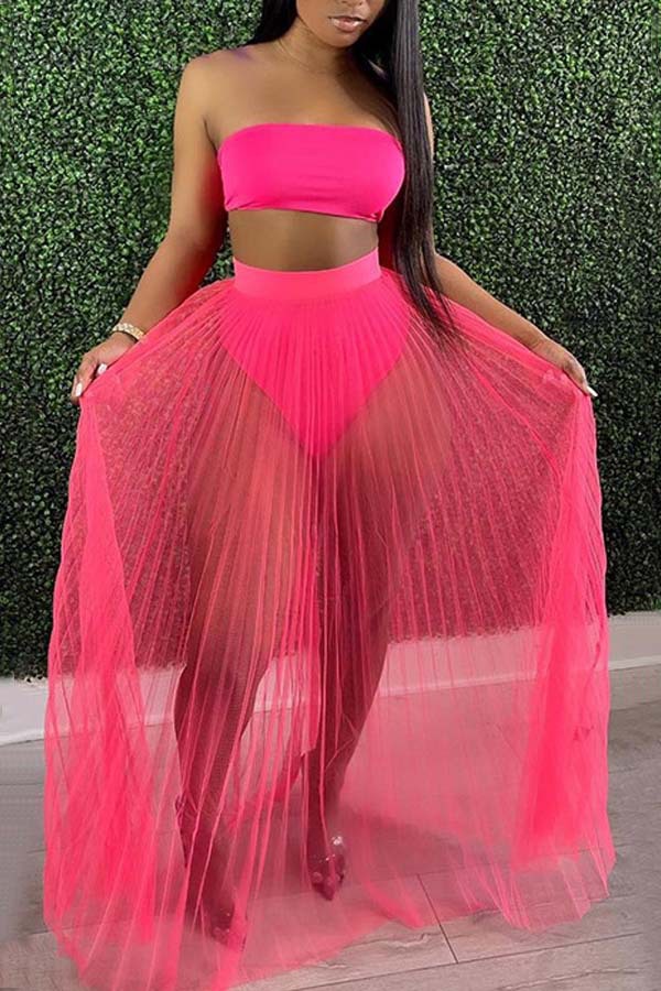 Women's Sexy Sheer Mesh Pleated Three-Piece Skirt Set with Tube Top