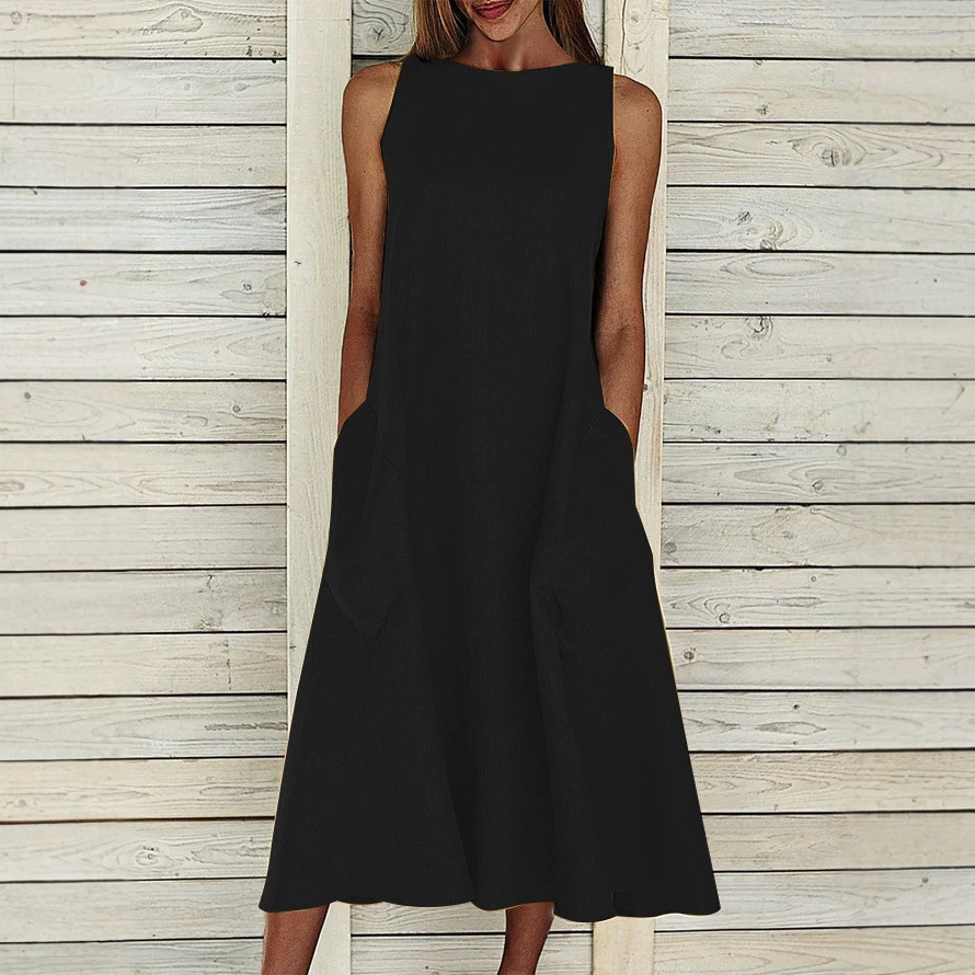 Solid Crewneck Short Sleeve Dress with Patch Pockets