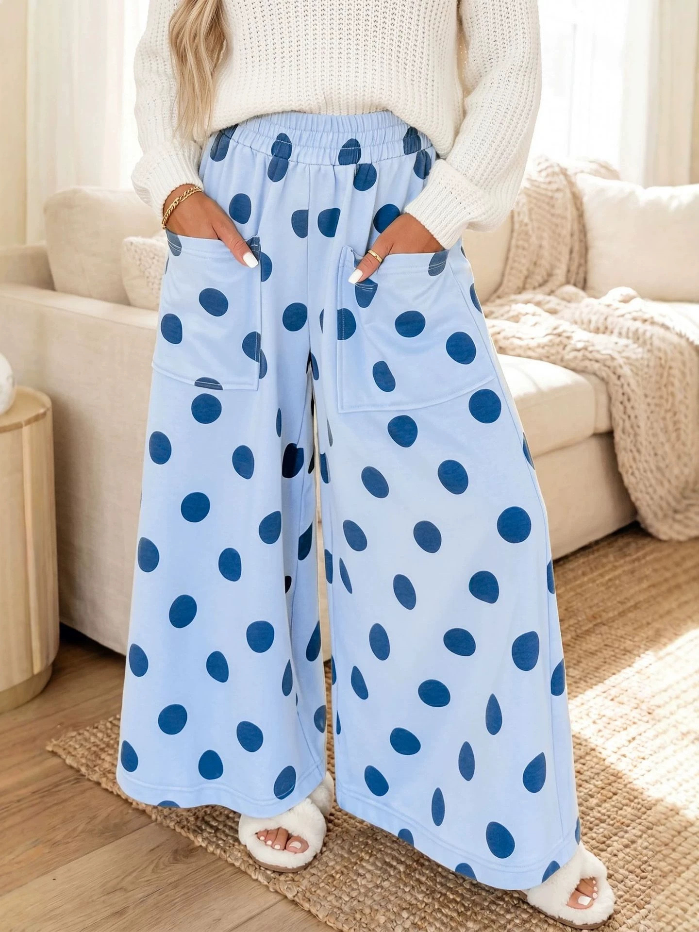 High-Waist Polka Dot Wide-Leg Pants with Pockets